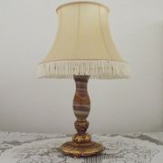 Vintage French Round Brass and Onyx Table Lamp With Cream Fringed Shade