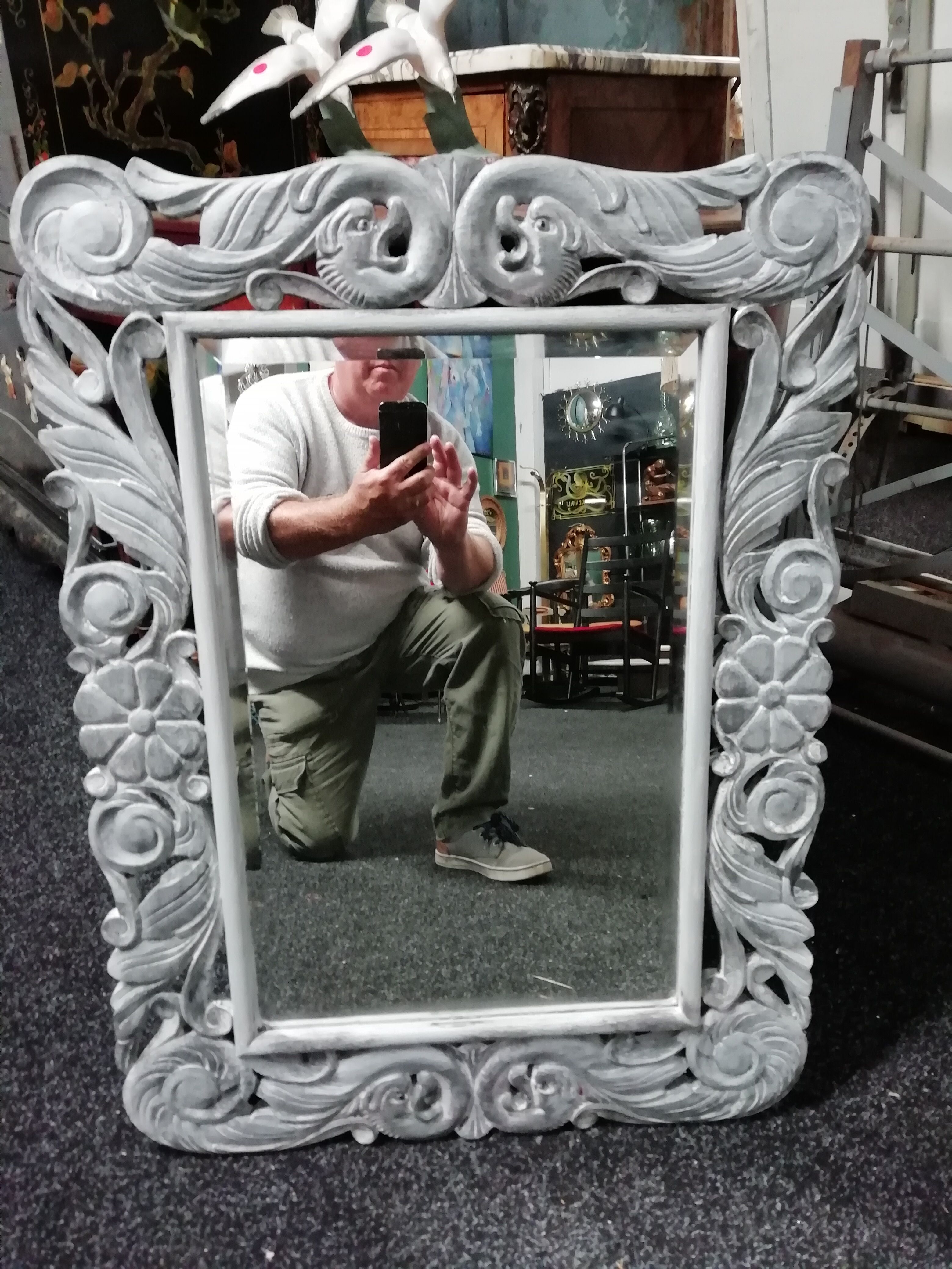 Antique mirror in painted/patinated and waxed carved wood 60x80cm