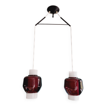 Scandinavian chandelier in white opaline and amethyst glass, 1960s.