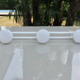 White lacquered metal wall coat rack, 3 hooks, 80s
