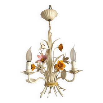 Vintage French 3 Light Cream Toleware Chandelier With Pink & Yellow Flowers 4765