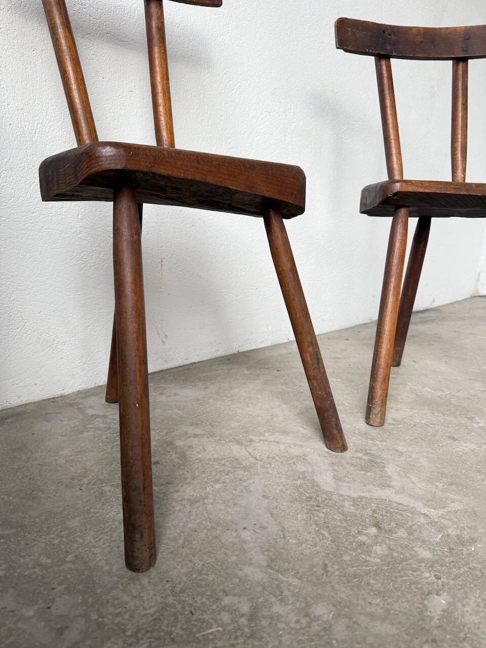Pair of Savoyard tripod chairs, folk art, oak.
