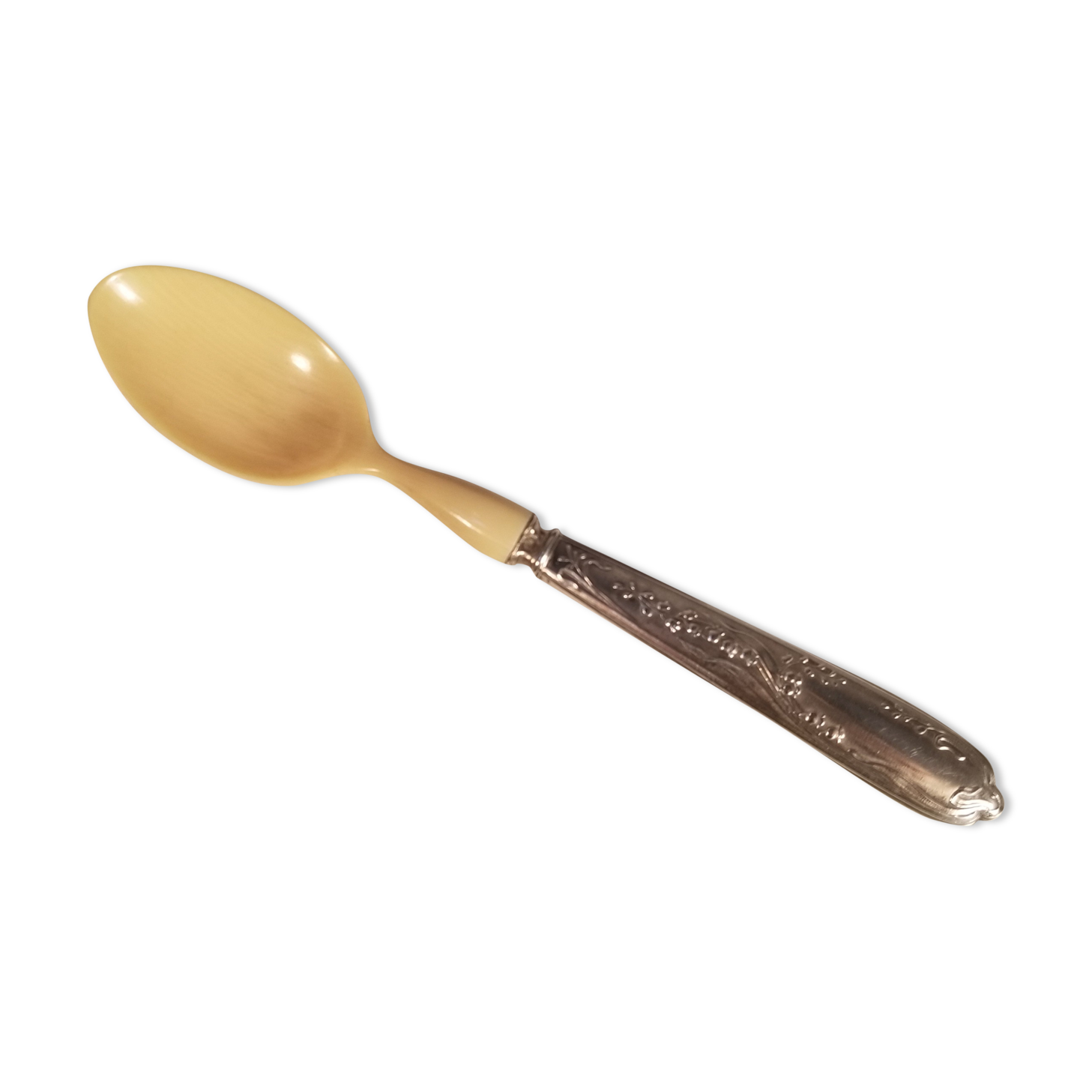 Ancienne cuillère à bouillie en argent fourré-ivoire