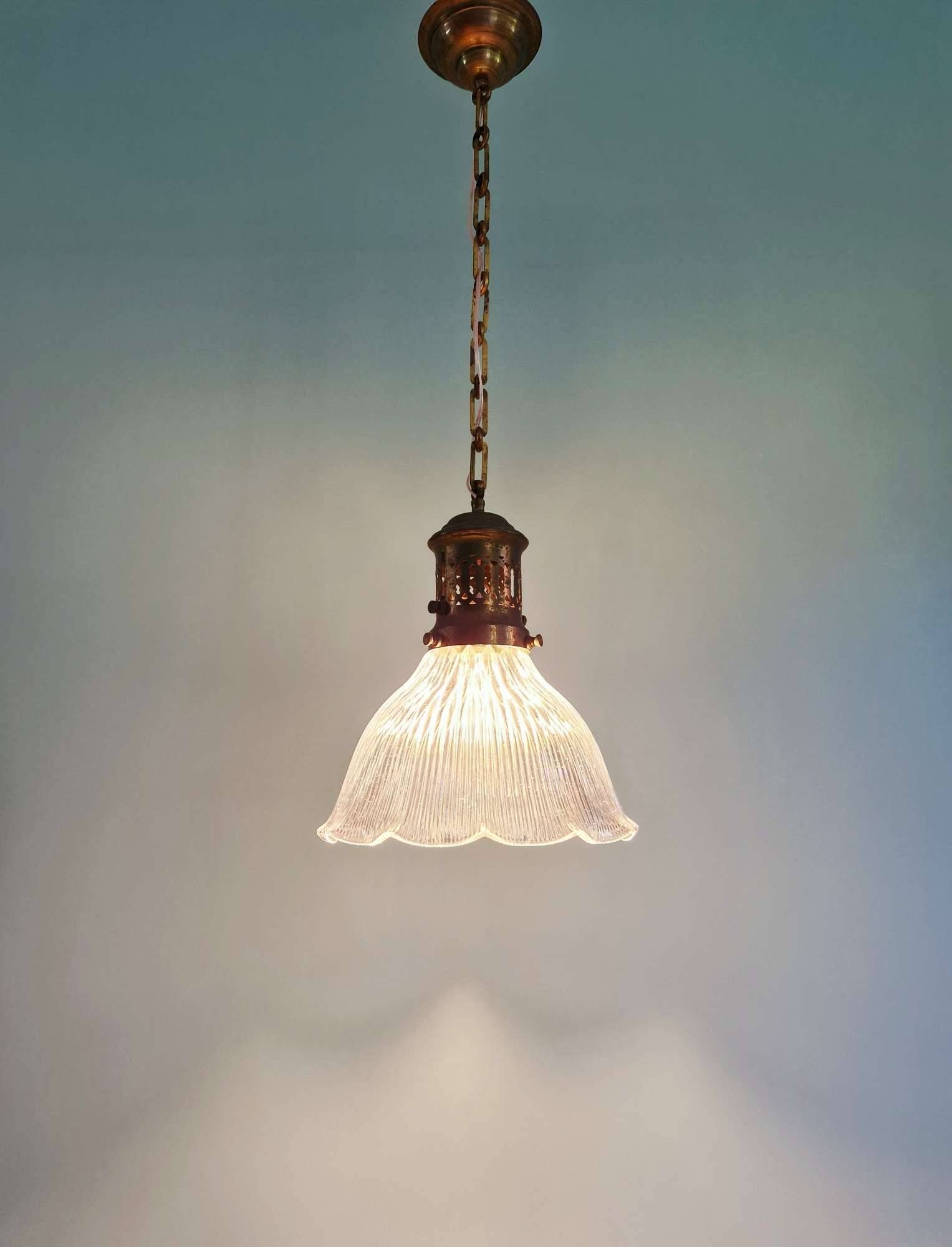 Large Holophane pendant light in clear ribbed glass, 1920-30.