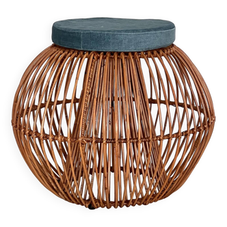 Tabouret en bambou avec coussin neuf, années 1960
