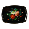 Grand plateau russe vintage en tôle émaillée - décor floral peint à la main