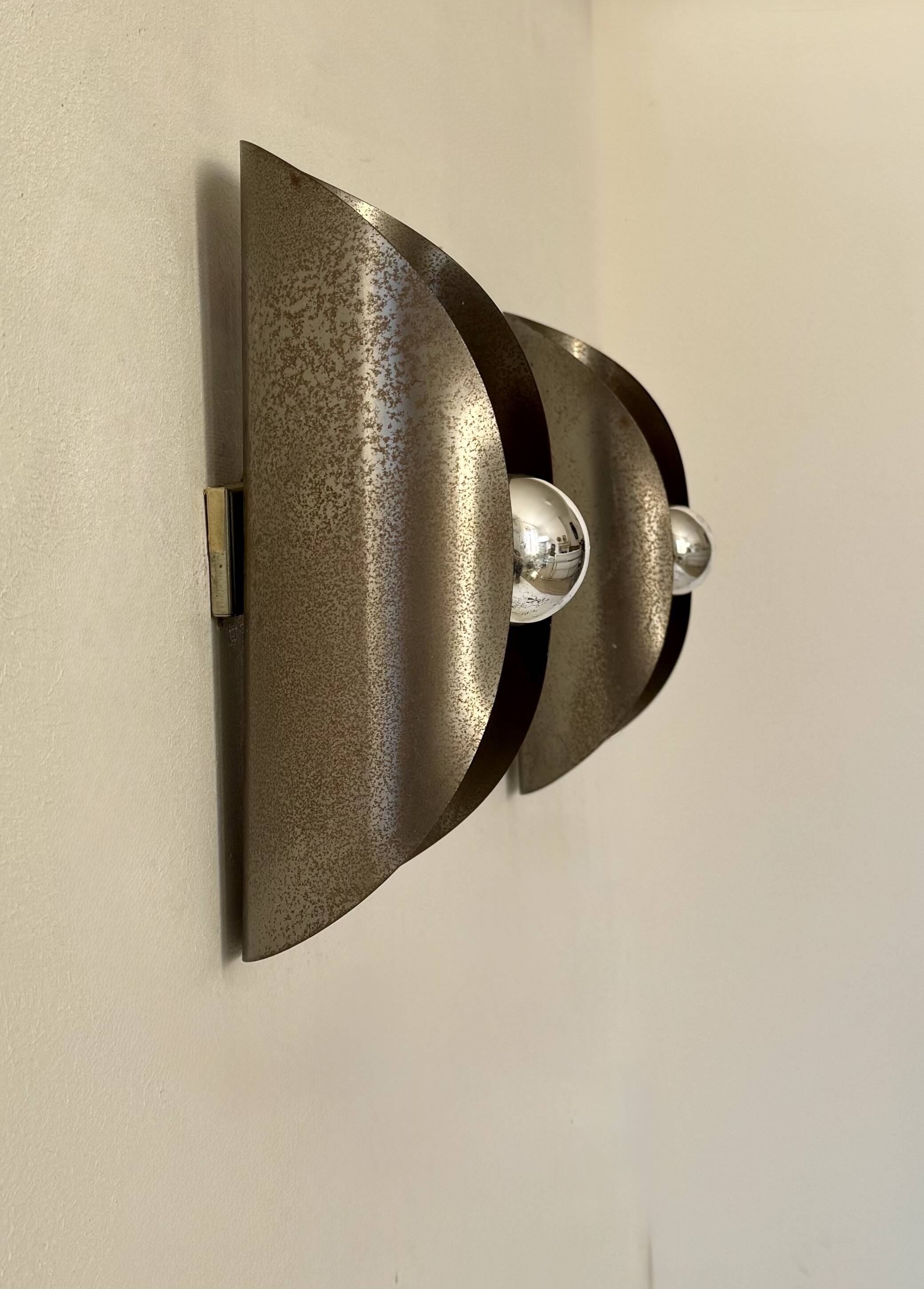 Pair of vintage wall sconces, bent steel, France, 1970