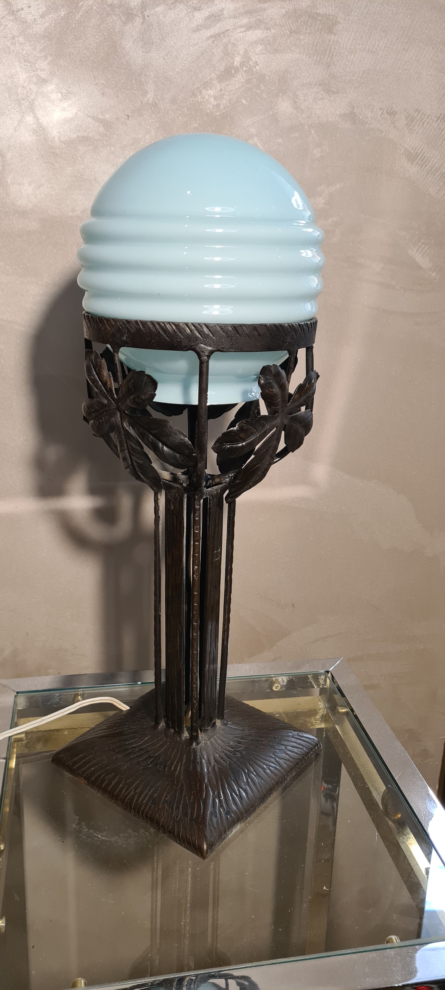 Blue opaline wrought iron lamp 1920 , 40x14