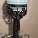 Lampe fer forgé opaline bleu 1920, 40x14