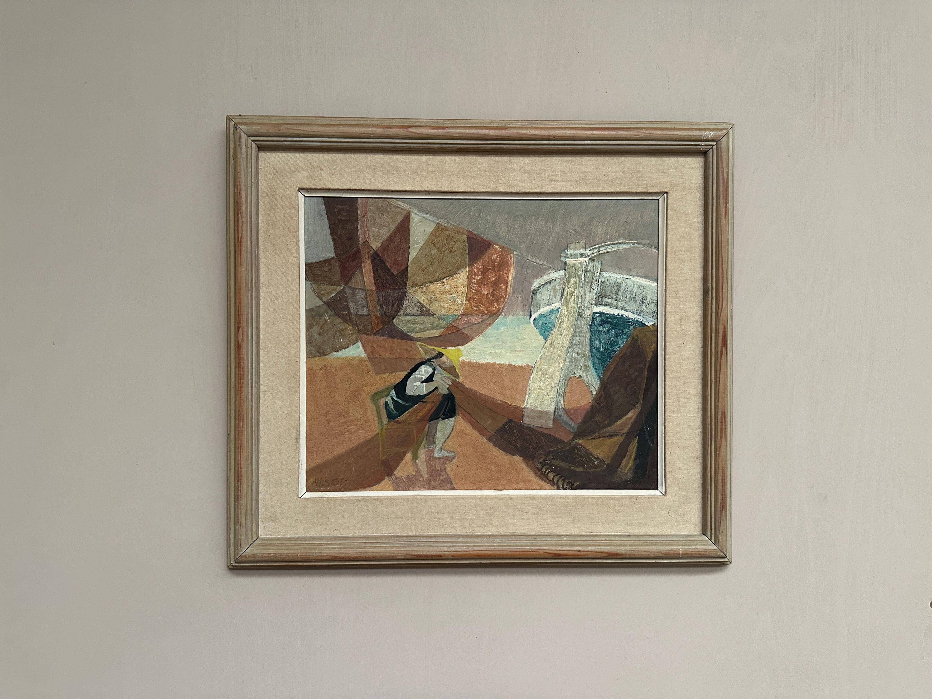 Original Swedish Oil on Panel – “Figure with Boats” by Nils Öst (1908–1982)