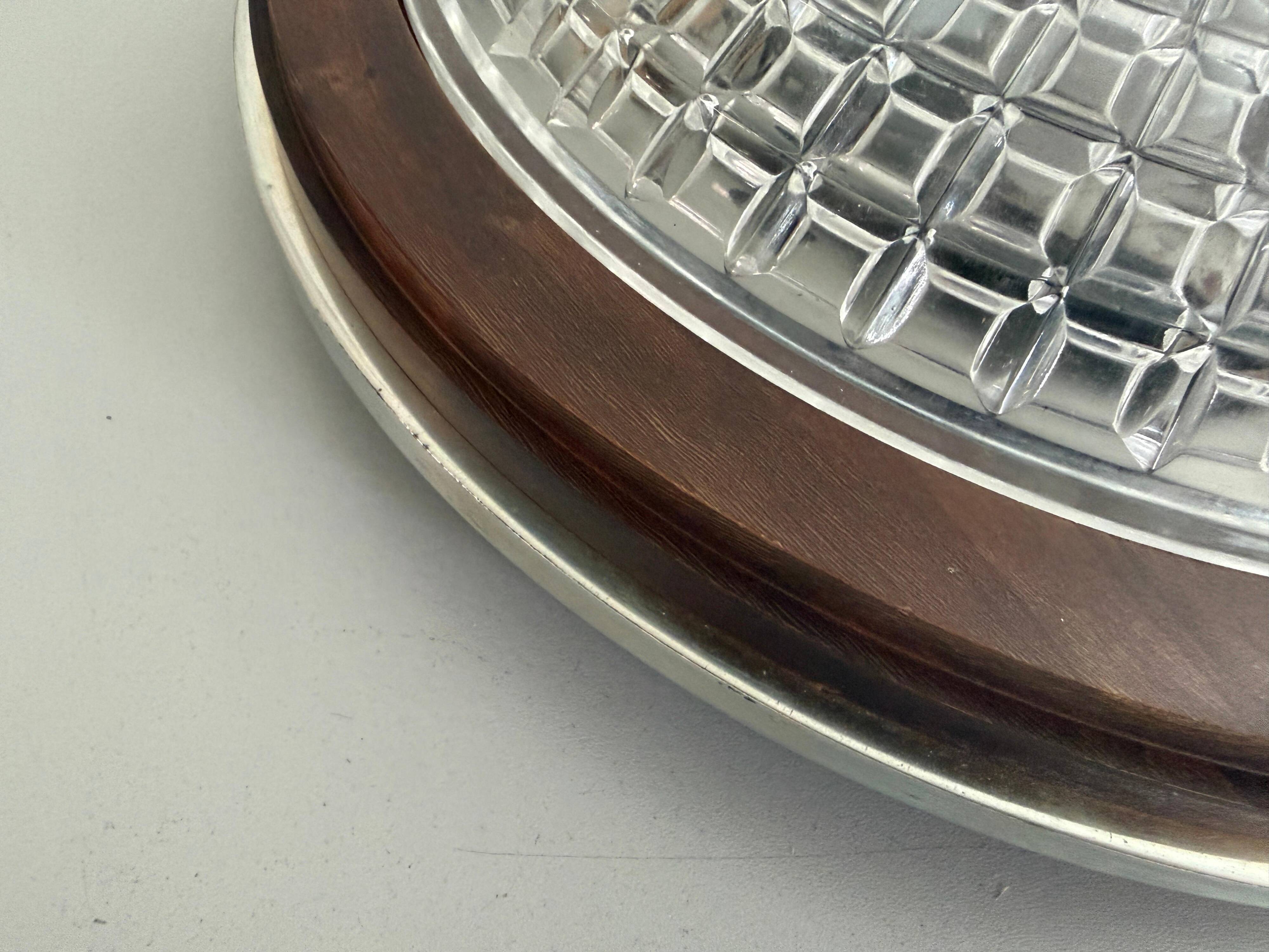 Flush mount in glass crystal and mahogany wood base, 1960s, Switzerland