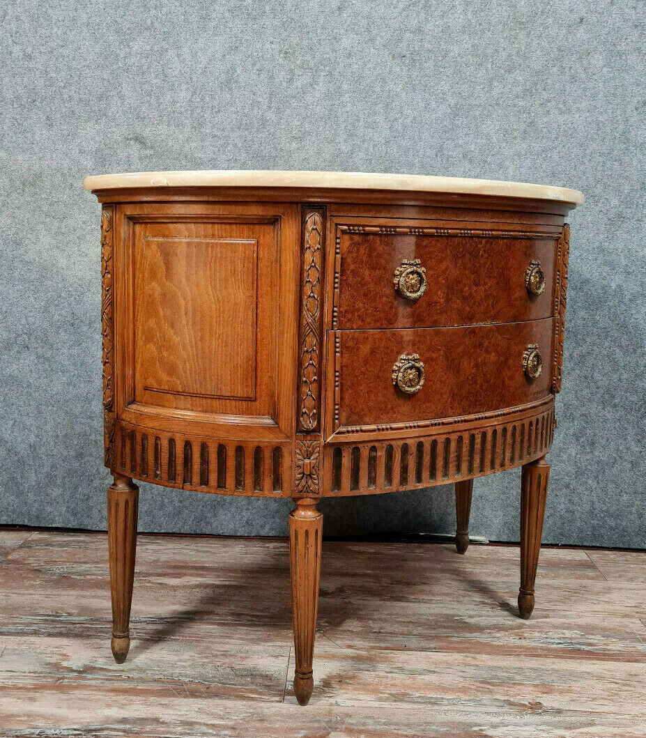 Commode sauteuse Louis XVI Demie lune en loupe d'orme et noyer vers 1900