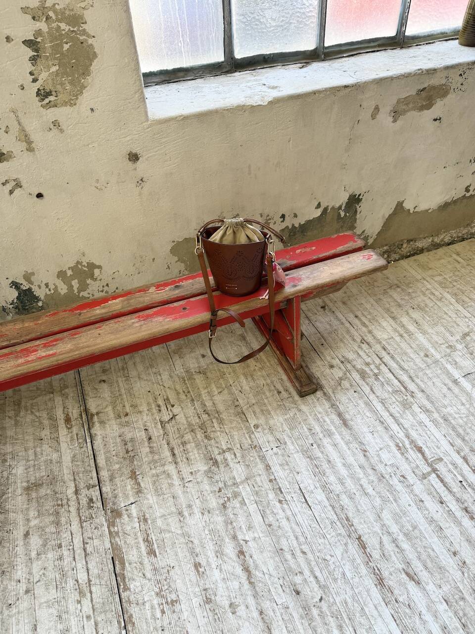 1950s oak bench with red patina, 2m