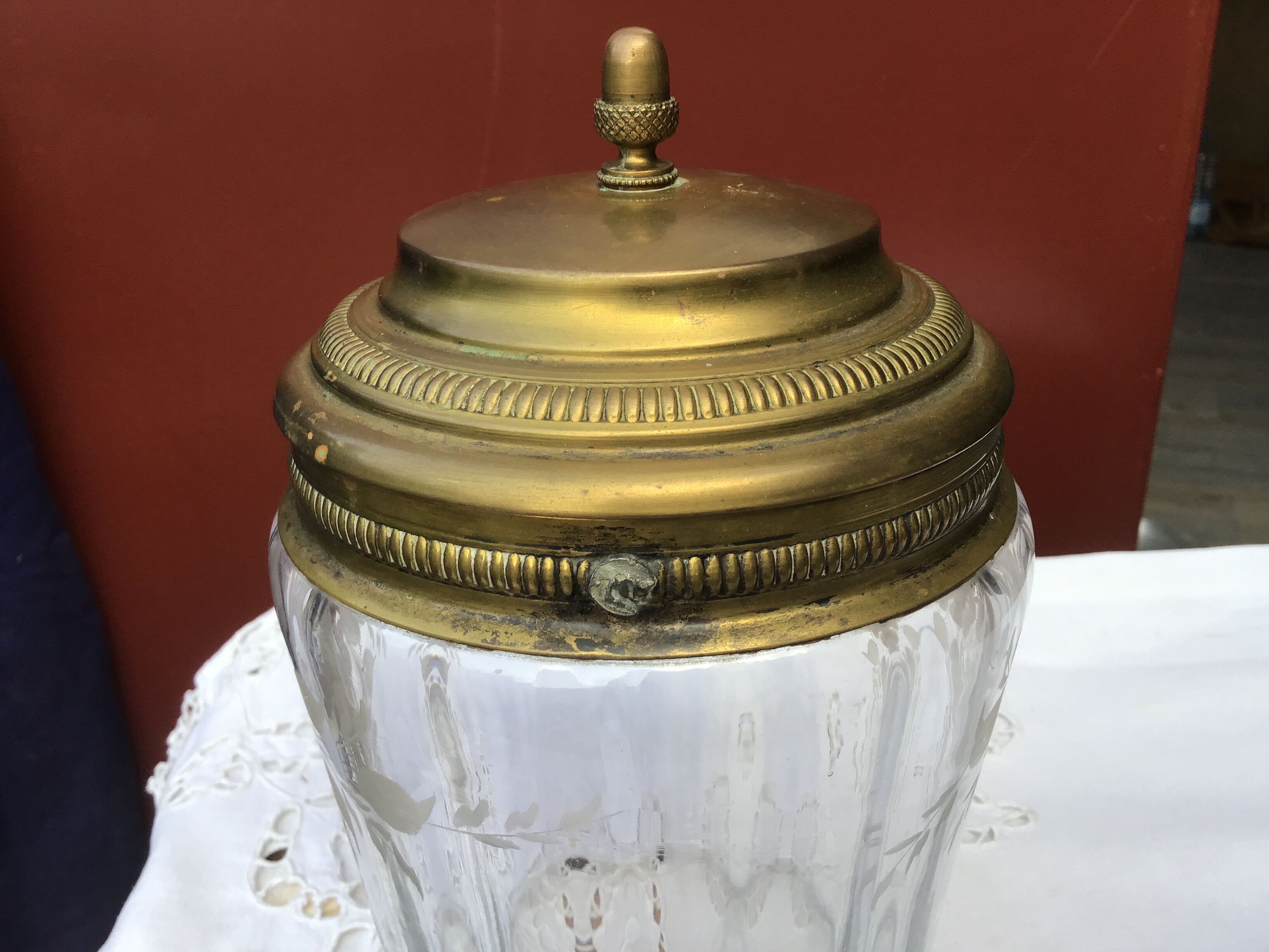 Glass cookie jar engraved metal frame brass