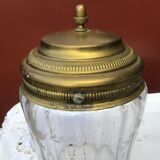 Glass cookie jar engraved metal frame brass