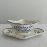Antique sauce boat in earthenware – Grigny – blue floral decoration