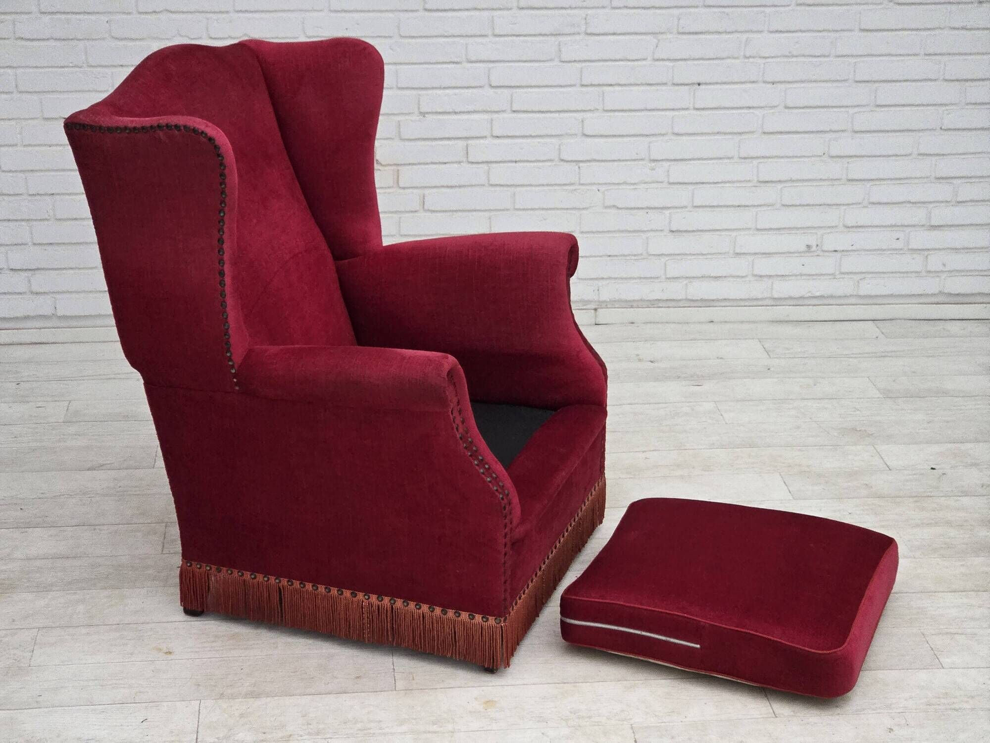 1970s, Danish highback armchair, furniture velour, ash wood legs.