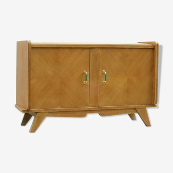 Buffet bas étroit meuble tv vintage bois pieds compas années 1950