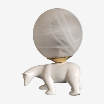 Lampe ours en céramique et globe opaline blanches