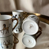 Lot of 4 vintage porcelain espresso cups from France with gold horse decoration – s