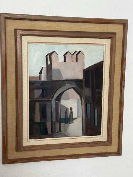 Original mid-century Swedish oil on canvas – “Entrance” by Reuben Hedin – vintage & framed – 55 × 63 cm