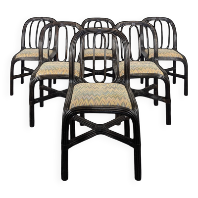 Série de 6 chaises en rotin laqué noir assise tissu années 70