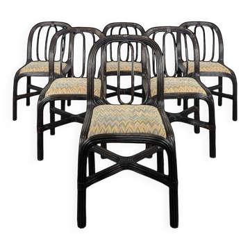 Série de 6 chaises en rotin laqué noir assise tissu années 70
