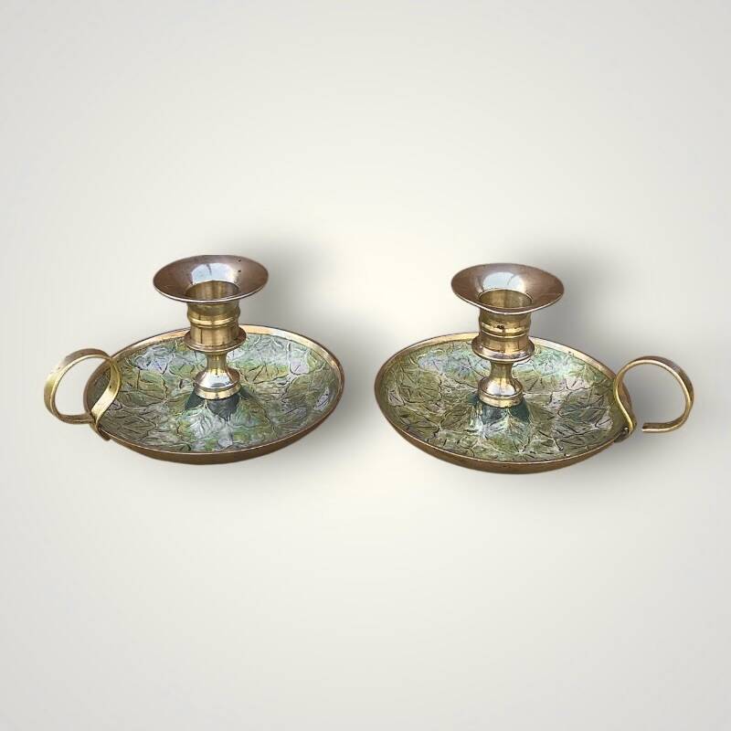 Pair of cloisonné brass cellar rat candlesticks – 1960s