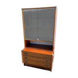 Meuble scandinave vintage avec vitrine fumée et tiroirs – années 60/70