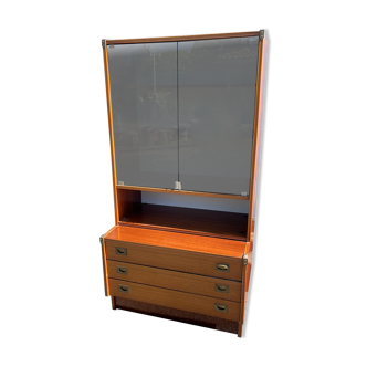 Meuble scandinave vintage avec vitrine fumée et tiroirs – années 60/70