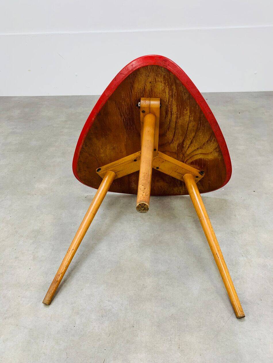 Steiner tripod side table by Baumann, wood, red top, 60s