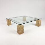 Glass and travertine coffee table by Piero De Longhi for Catalan Italia, 1980s