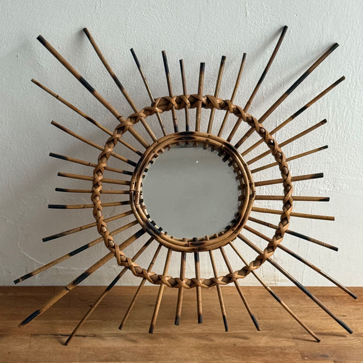 1950s French Artisan Rattan Sun Mirror
