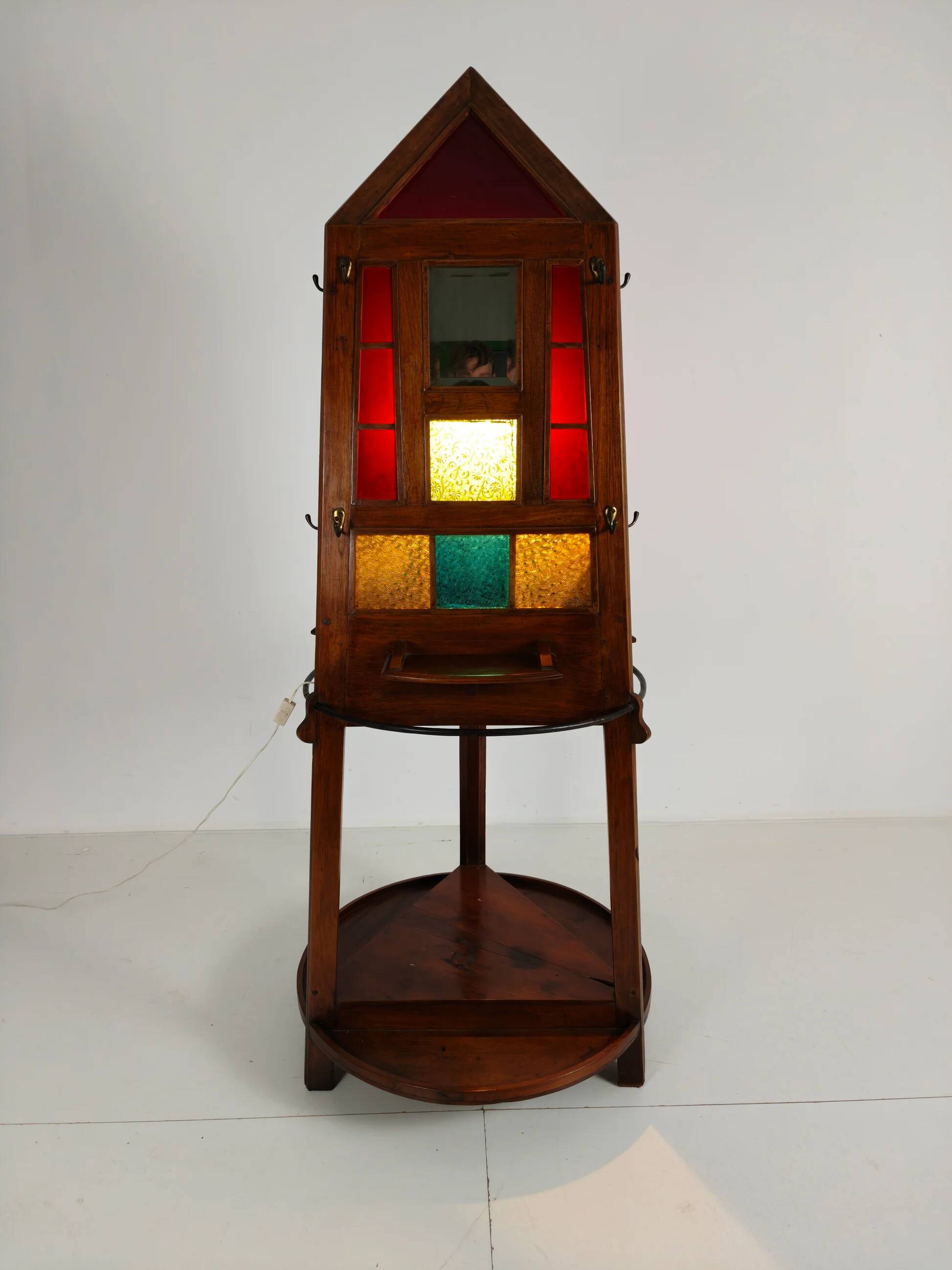 Porte-manteau / porte-parapluies Art Déco en chêne unique – Design obélisque des années 1920 avec vitrail