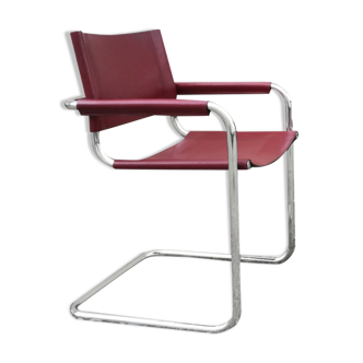 Cantilever armchair in burgundy leather and chrome
