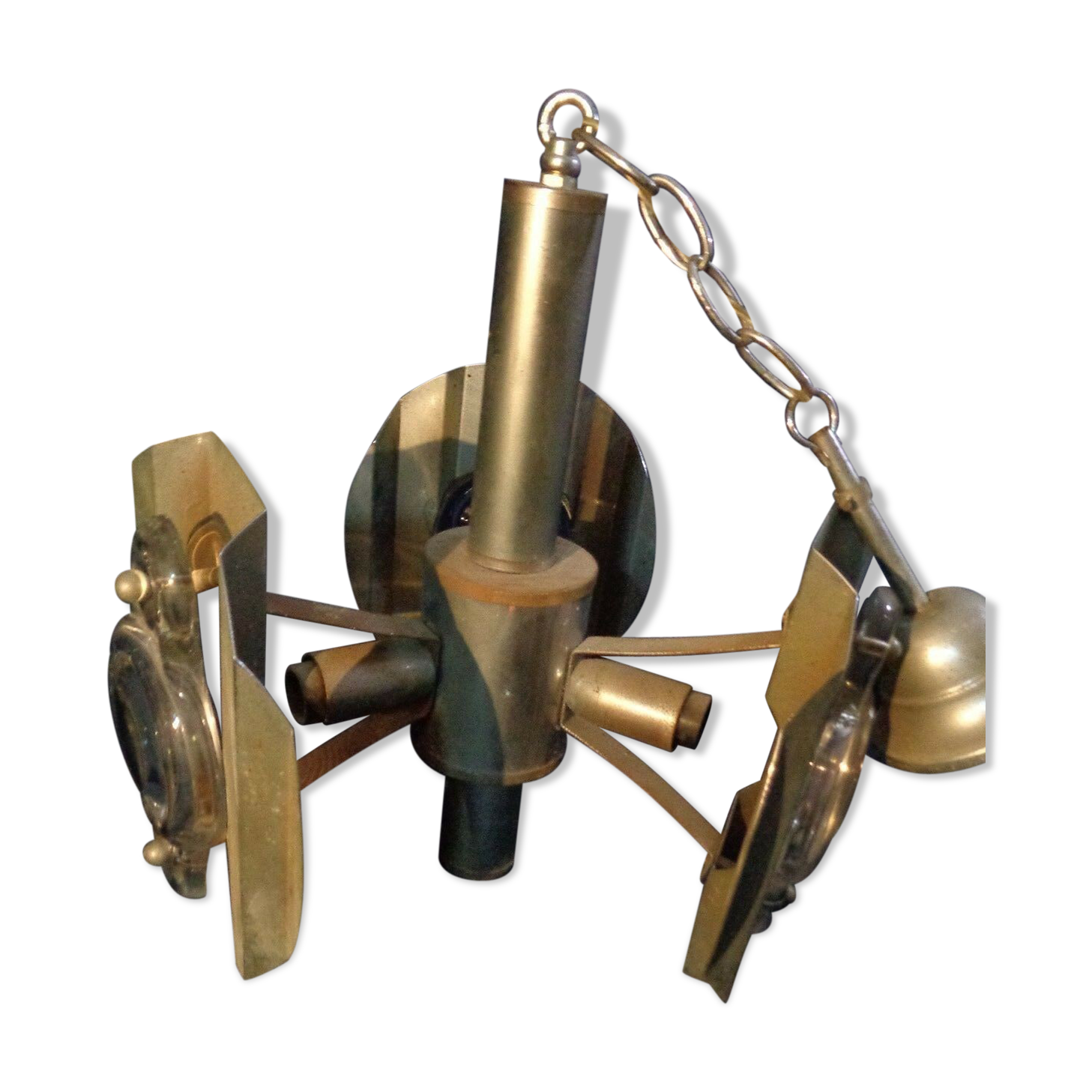 Vintage chandelier pendant lamp in chrome metal and glass magnifying glass lens