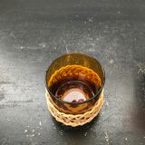 Carafe juice service with 4 orange blown glass glasses + vintage wicker