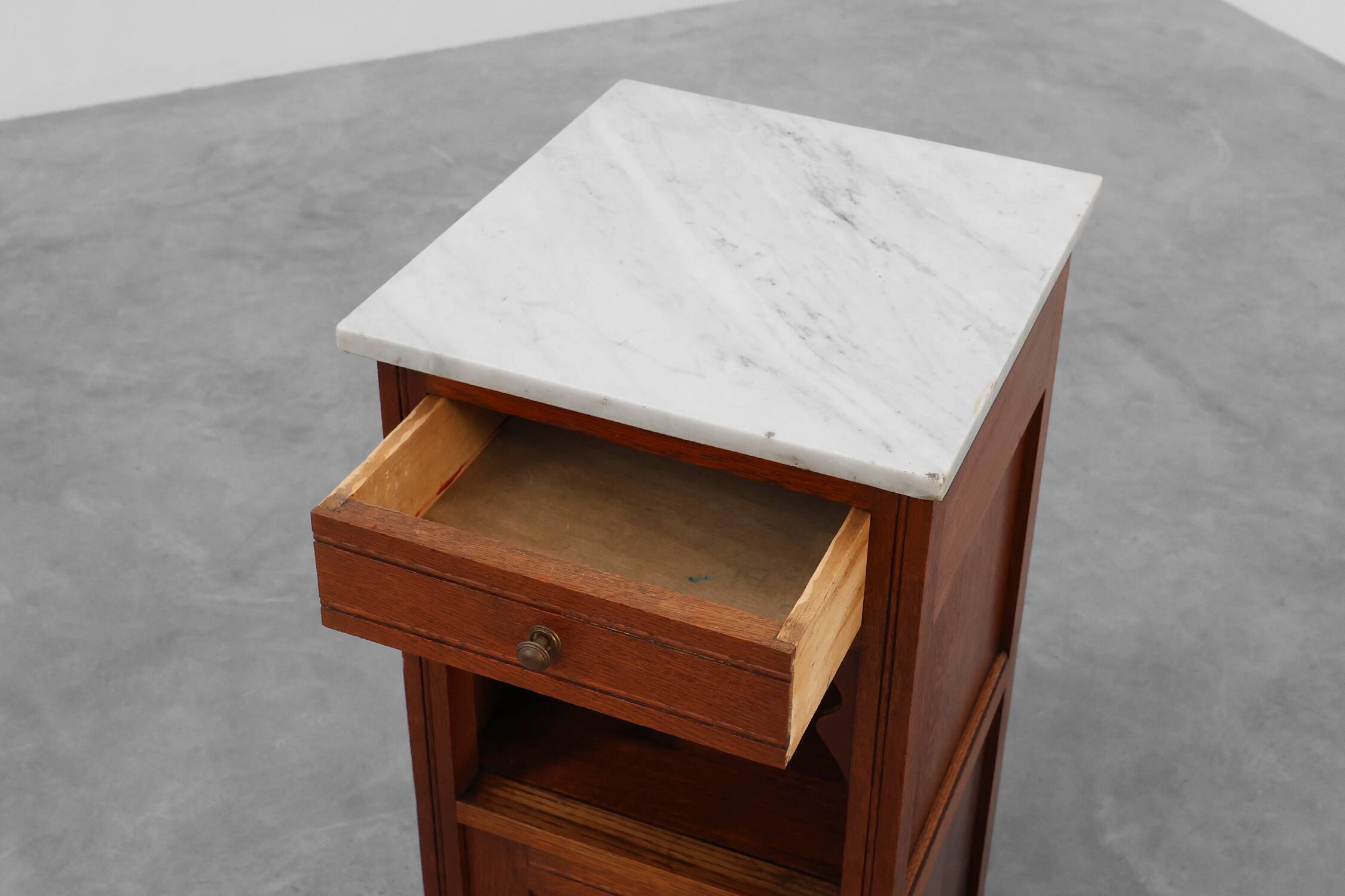 French Art Deco Wood & Grey Marble Top Nightstand, 1920s