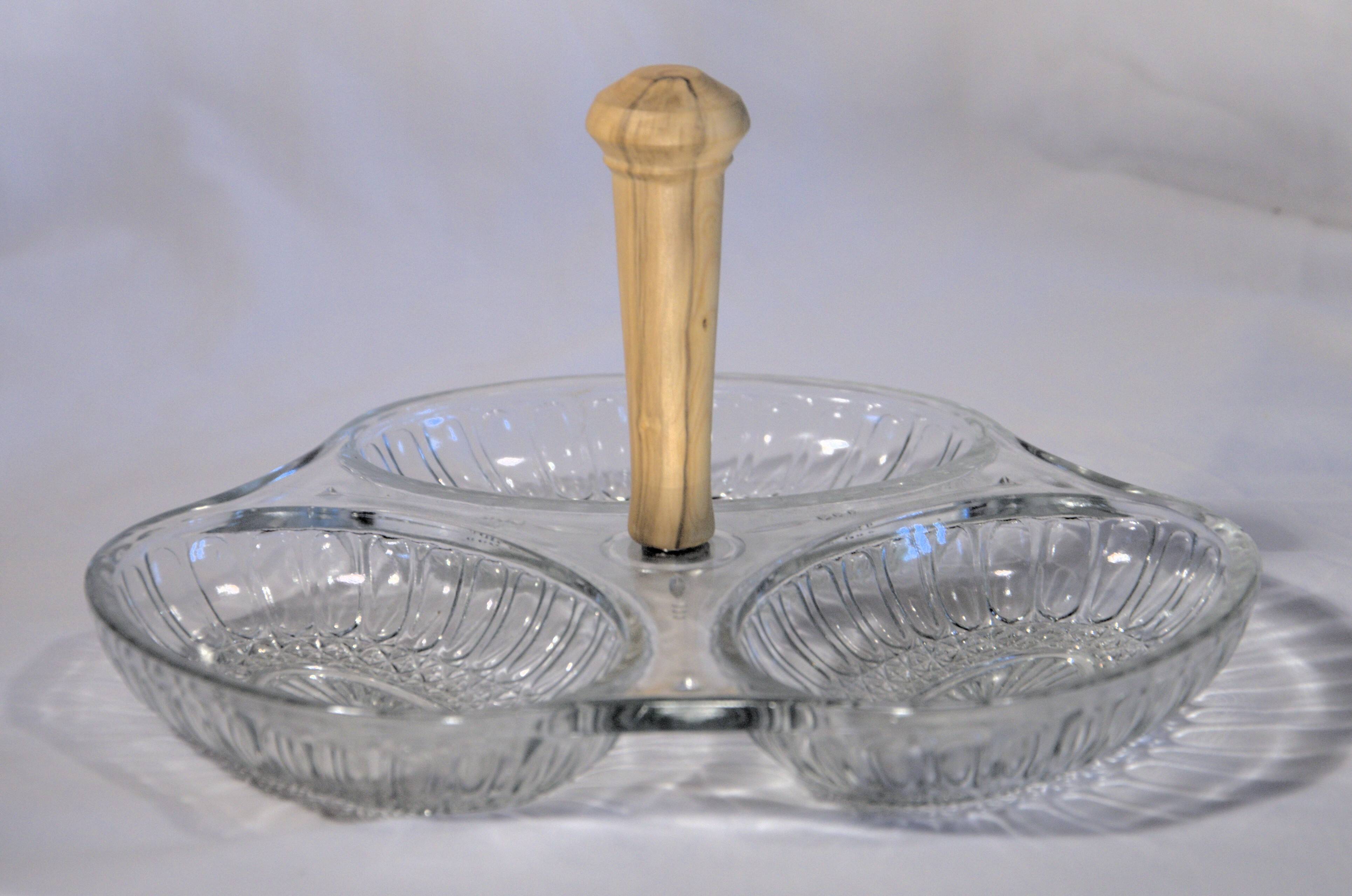 Plat en verre à 3 compartiments Val Saint-Lambert, poignée en buis