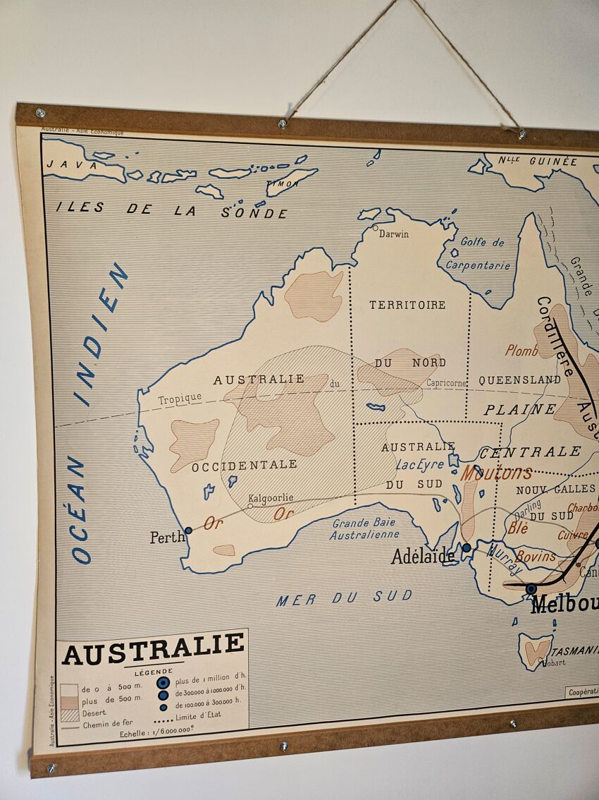 Carte scolaire ancienne de géographie de l'Australie et de l'Asie double  face | Selency