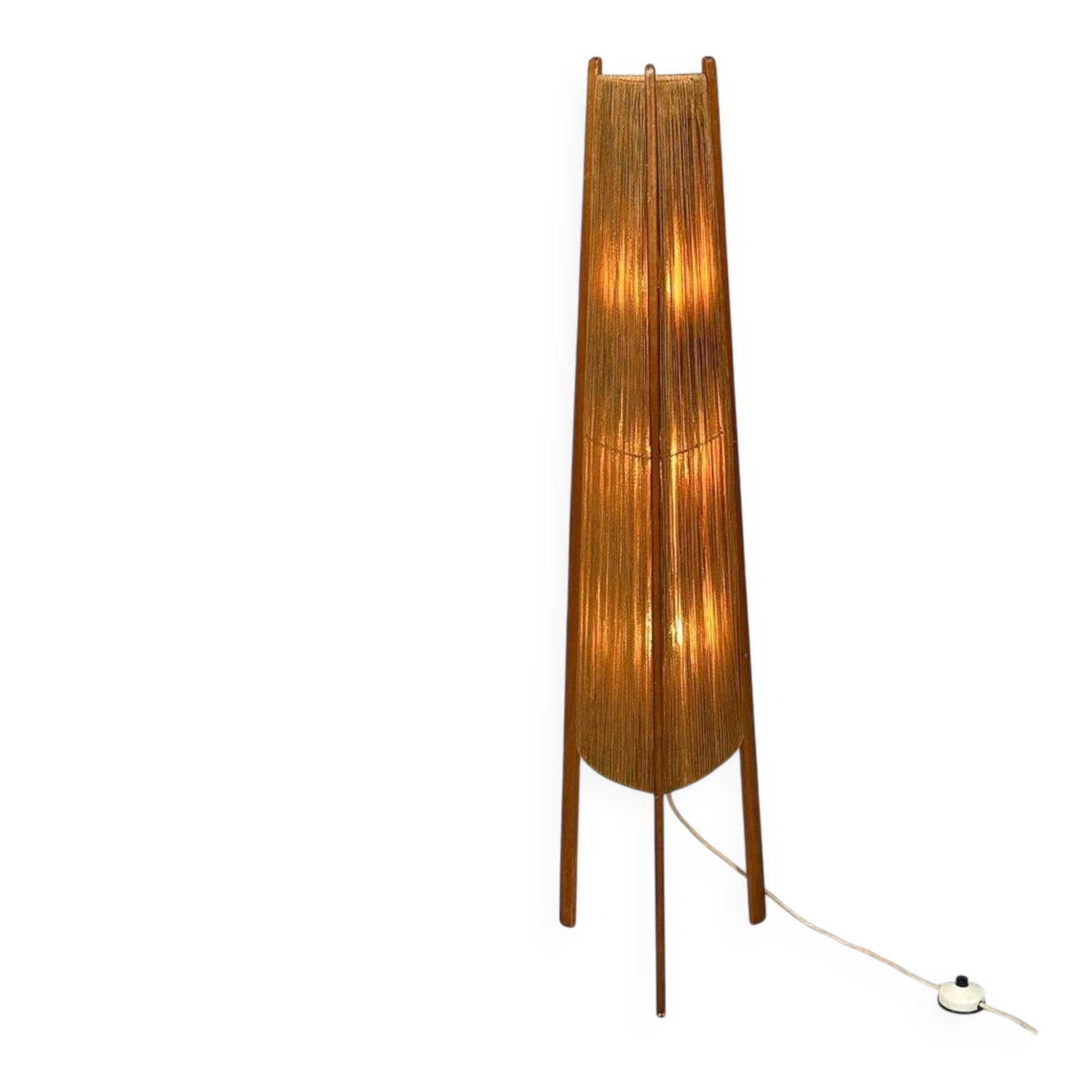 Mid-century floor lamp, sisal/teak wood, Temde, Switzerland, 1960s.