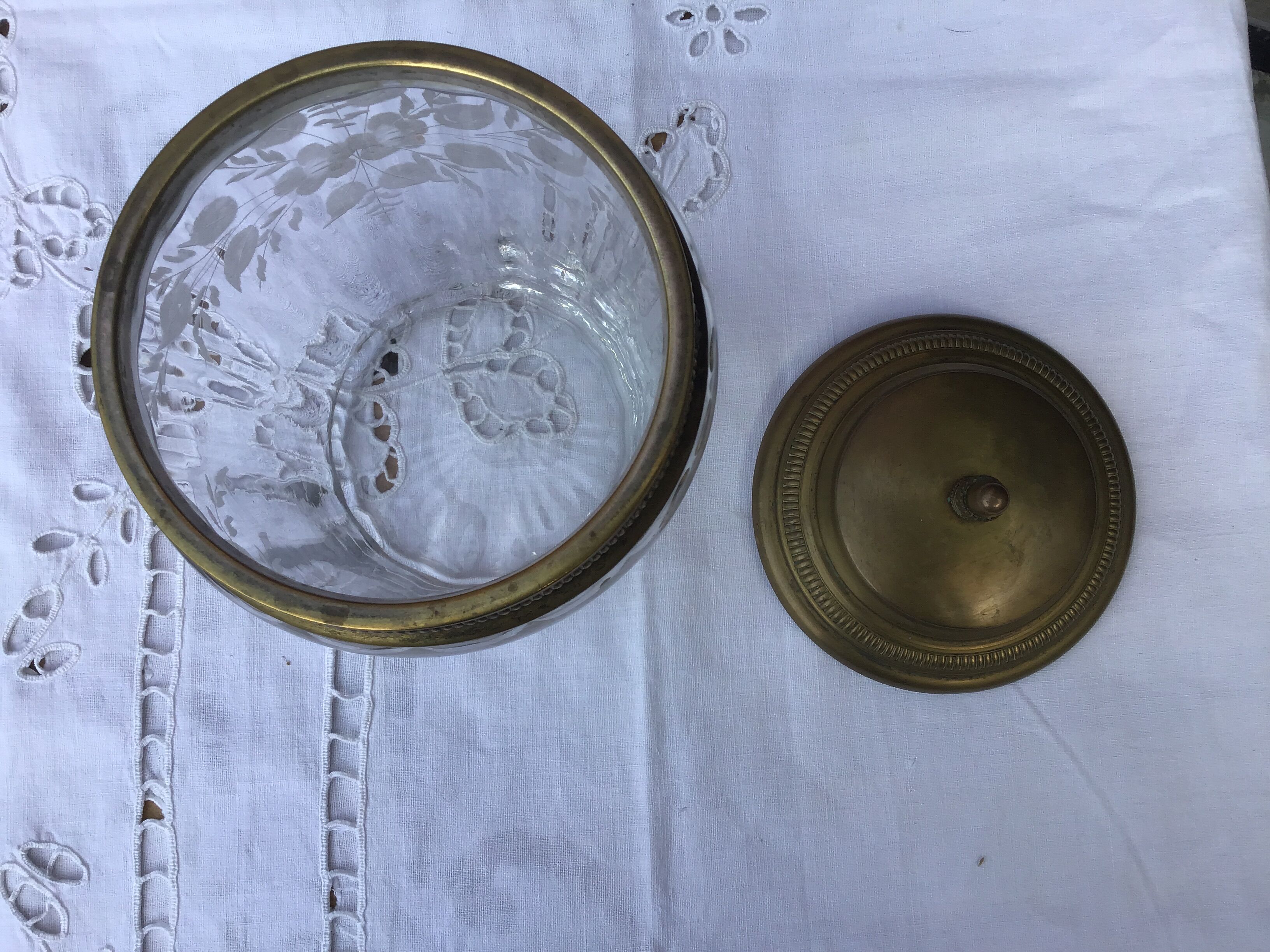 Glass cookie jar engraved metal frame brass