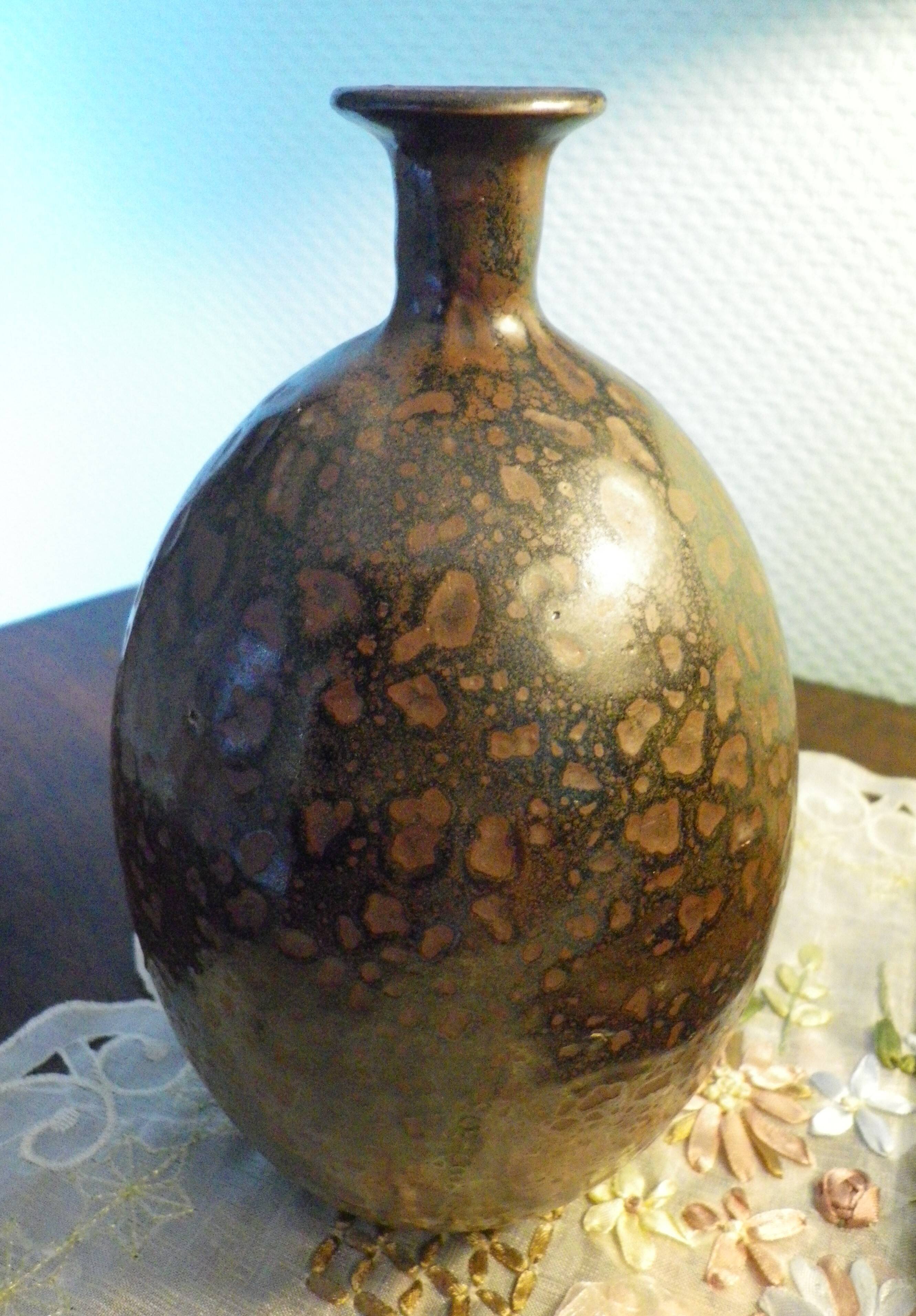 Foiled bottle vase, artisanal pottery, Raku