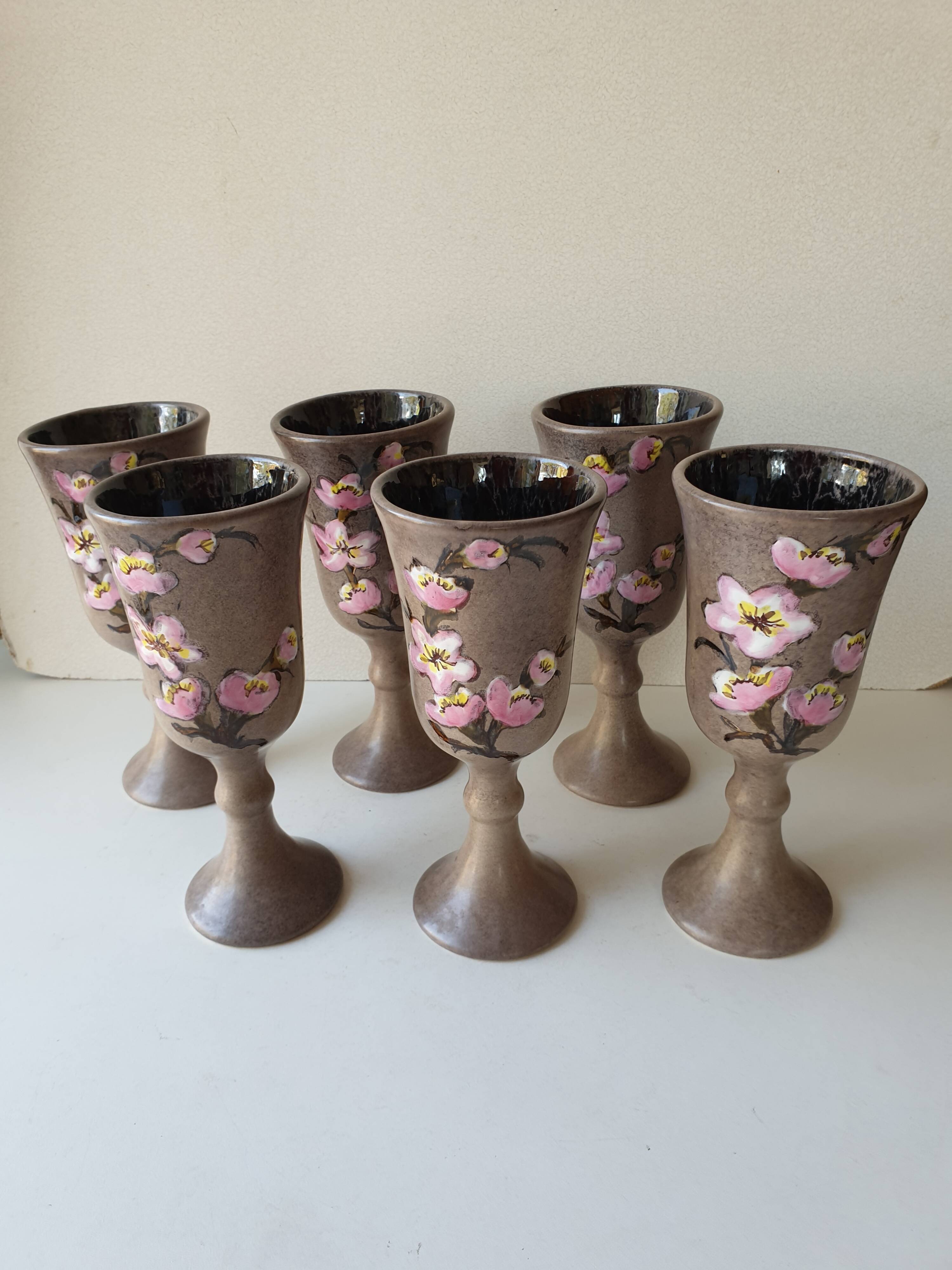 Set of 6 ceramic wine glasses Signed Vallauris Moby Jo's (By Marius Musarra