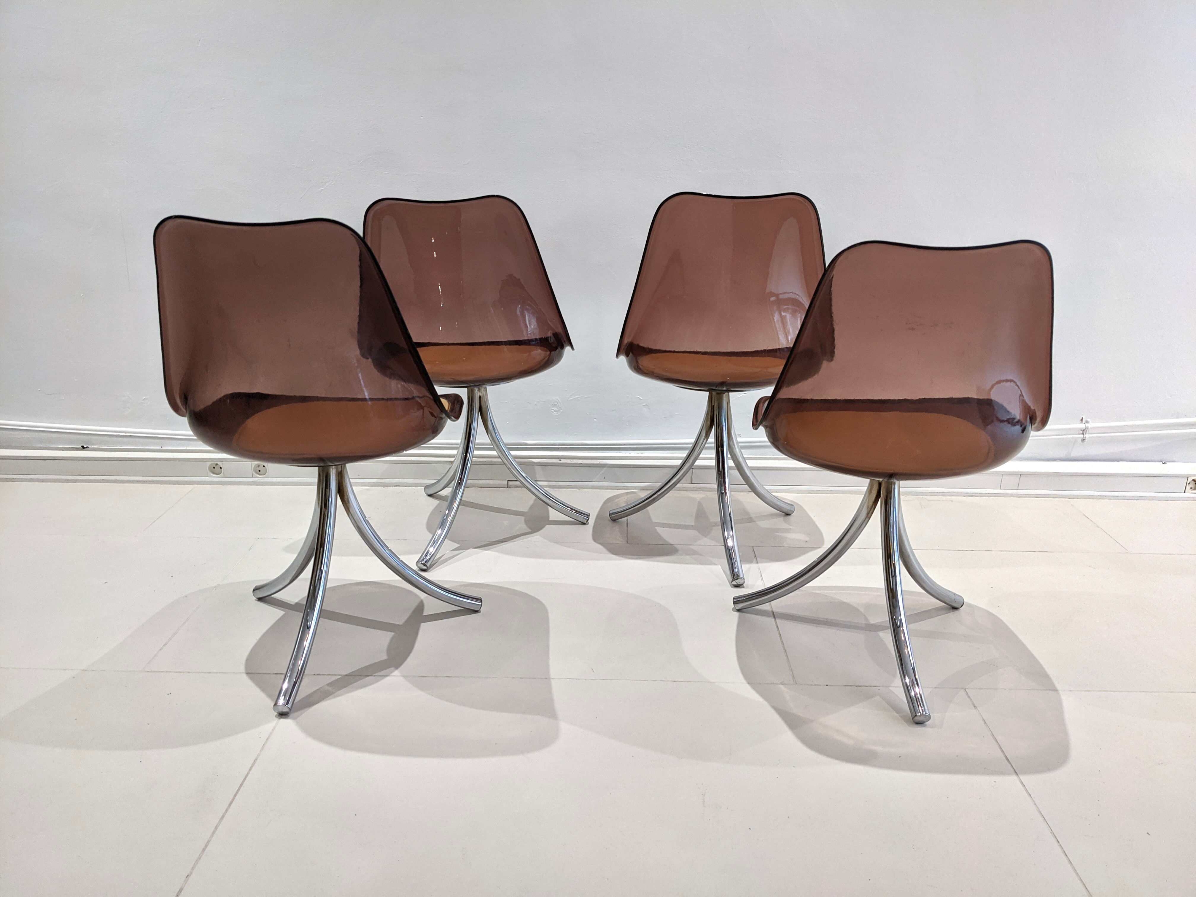 Lot of 4 chairs smoked plexiglass 1970