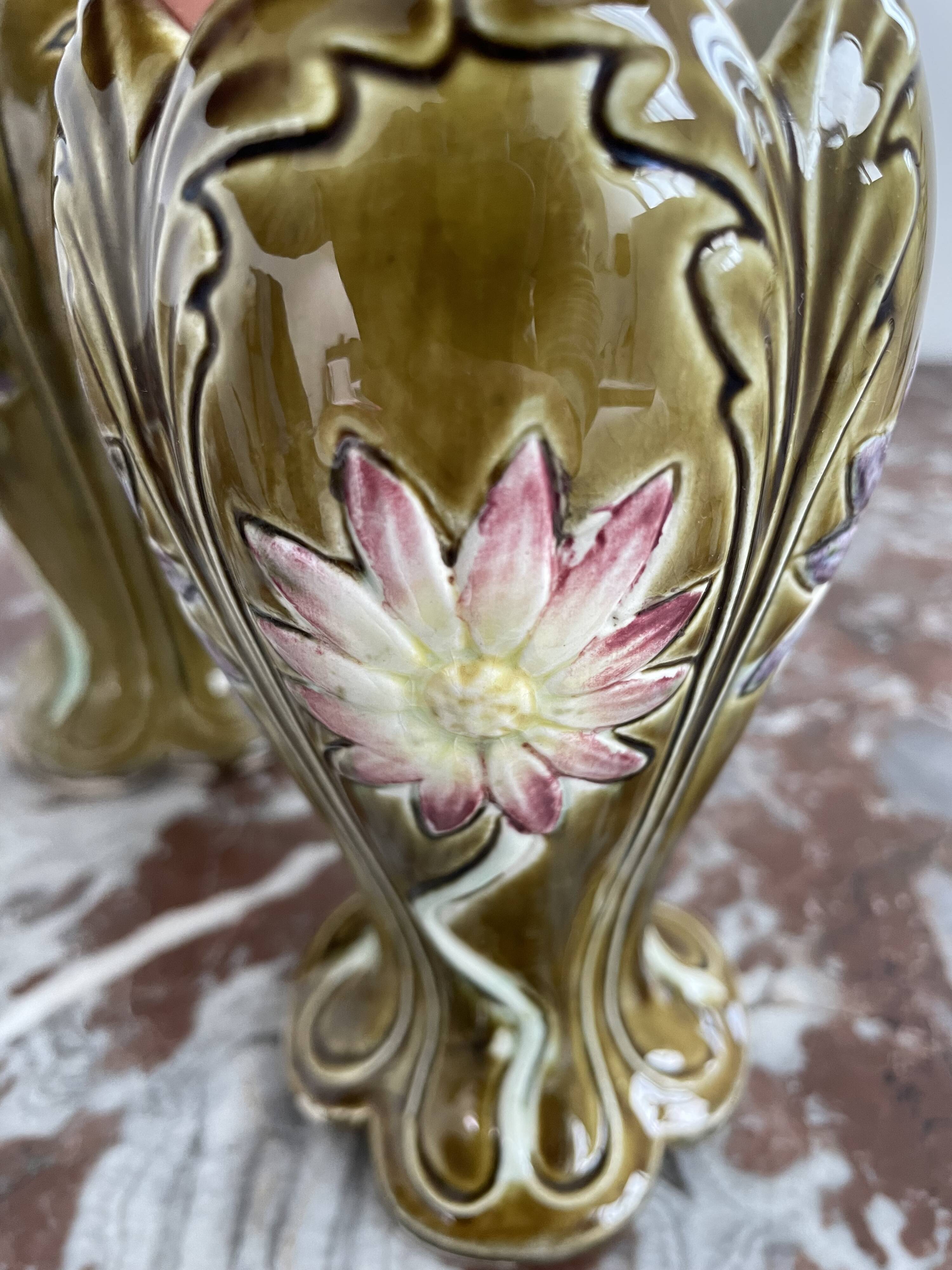 Barbotine vases, pair, Art Nouveau, DE BRUYN earthenware, signed, numbered