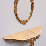 Classic gilded Brass console with oval mirror 1950s Italy