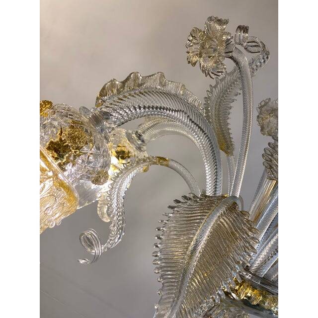 Murano Style Glass Clear and Gold Chandelier With Flowers and Leaves