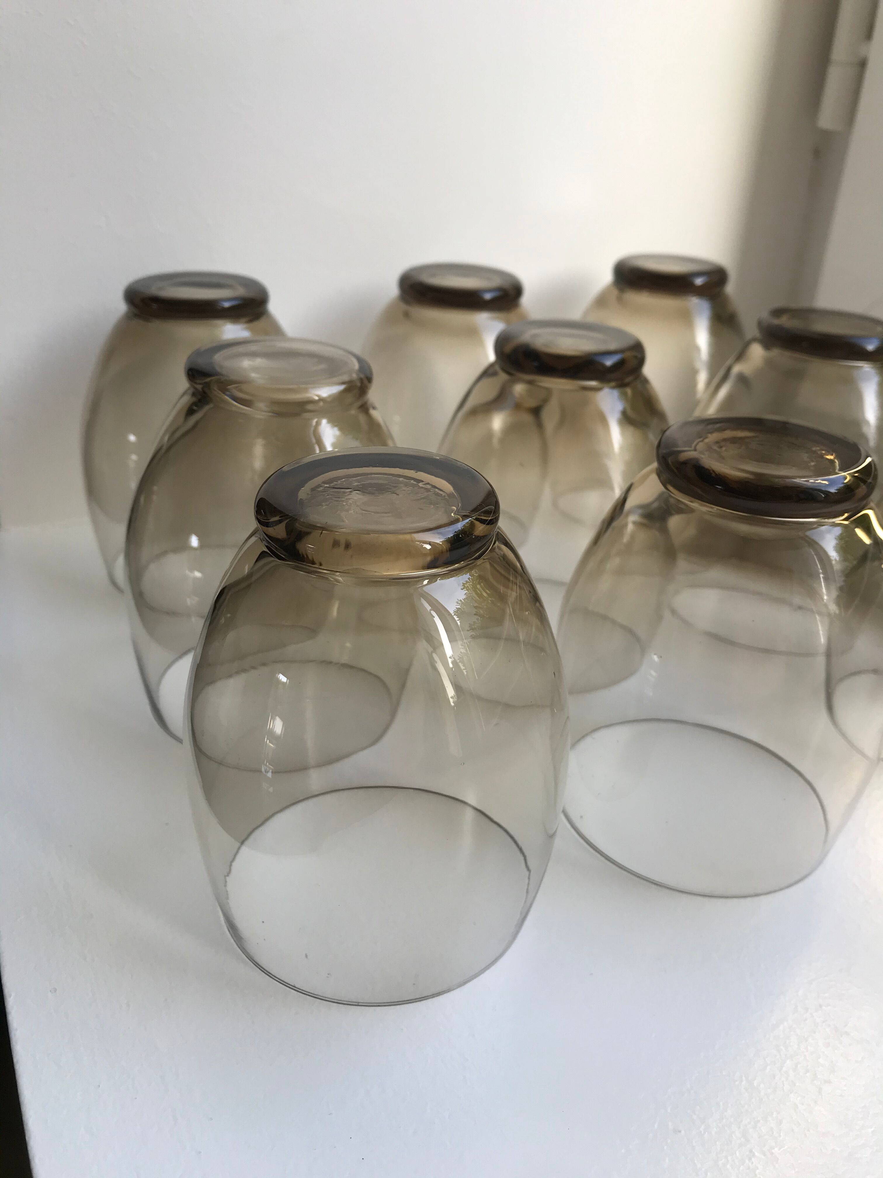 Set of 9 large design art deco smoked glass water glasses 30s