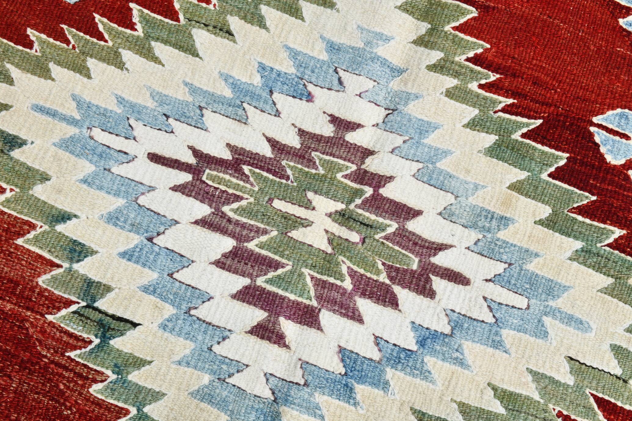 5x8 Burgundy & Light Blue Rare Geometric Style Wool Kilim Rug, 144x241 Cm